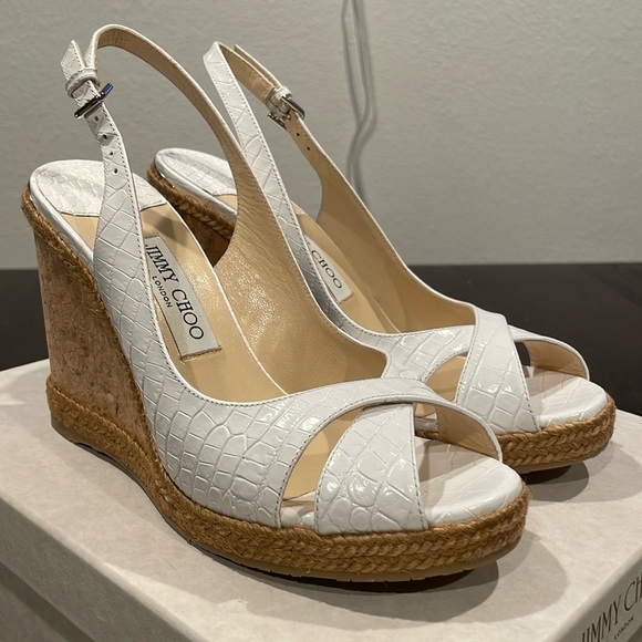 JIMMY CHOO Cork Braided Amely 105 Croc Wedge Sandals - Picture 1 of 12